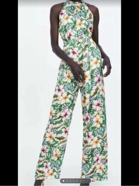 Zara Green Floral Halter Wide-Leg Jumpsuit